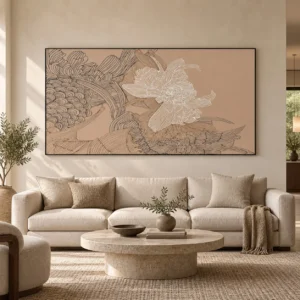 Wide Peony Line Drawing on Blush, 240 x 120 cm in rose stone — front view