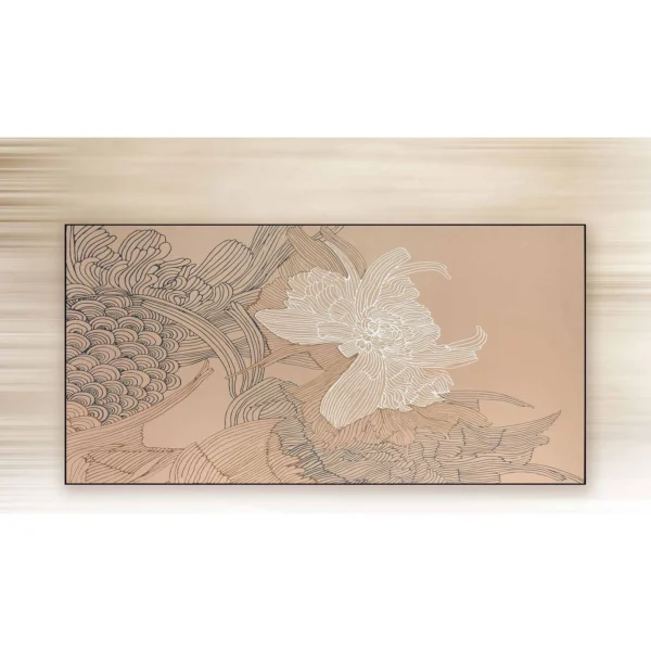 Wide Peony Line Drawing on Blush, 240 x 120 cm in rose stone — in a room setting