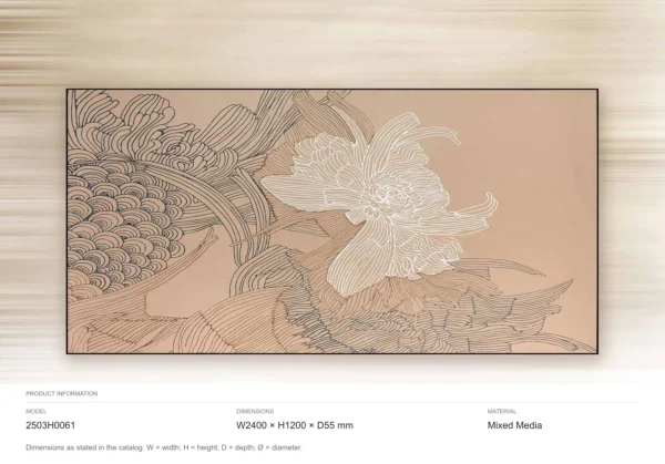 Wide Peony Line Drawing on Blush, 240 x 120 cm in rose stone — dimensions