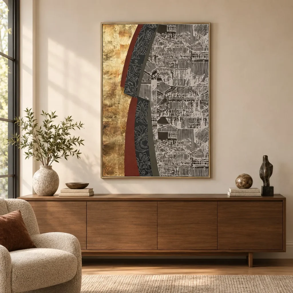 Gold and Grey Collage with City Map Fragment, 70 x 100 cm in brushed brass — front view
