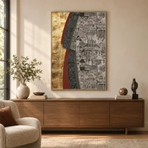 Gold and Grey Collage with City Map Fragment, 70 x 100 cm in brushed brass — front view