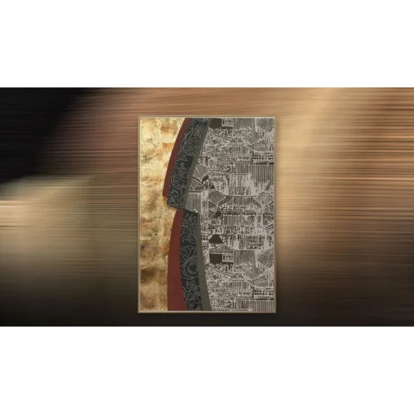 Gold and Grey Collage with City Map Fragment, 70 x 100 cm in brushed brass — in a room setting