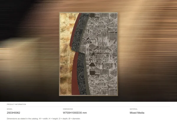 Gold and Grey Collage with City Map Fragment, 70 x 100 cm in brushed brass — dimensions