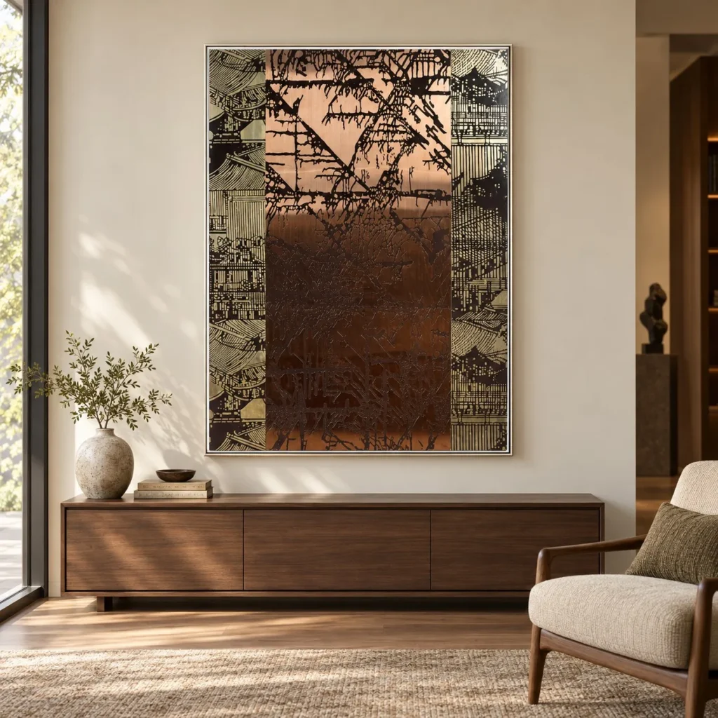 Tall Bamboo Shadow on Copper and Map Collage, 120 x 160 cm in bronze — front view