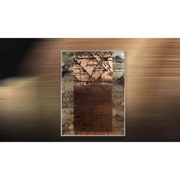 Tall Bamboo Shadow on Copper and Map Collage, 120 x 160 cm in bronze — in a room setting