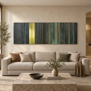 Panoramic Green Stripe Relief Wall Art, 210 x 70 cm in olive — front view
