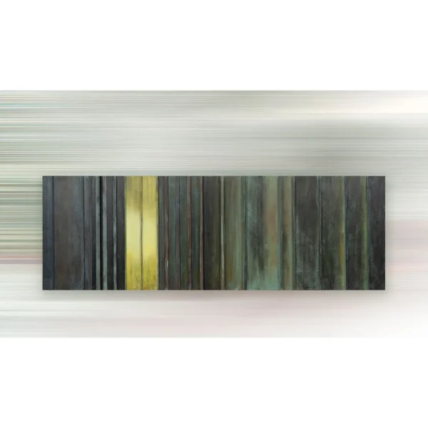 Panoramic Green Stripe Relief Wall Art, 210 x 70 cm in olive — in a room setting