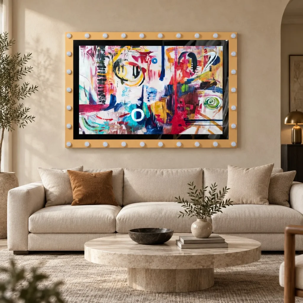 Wide Graffiti Abstract in Studded Gold Frame, 170 x 116 cm — front view