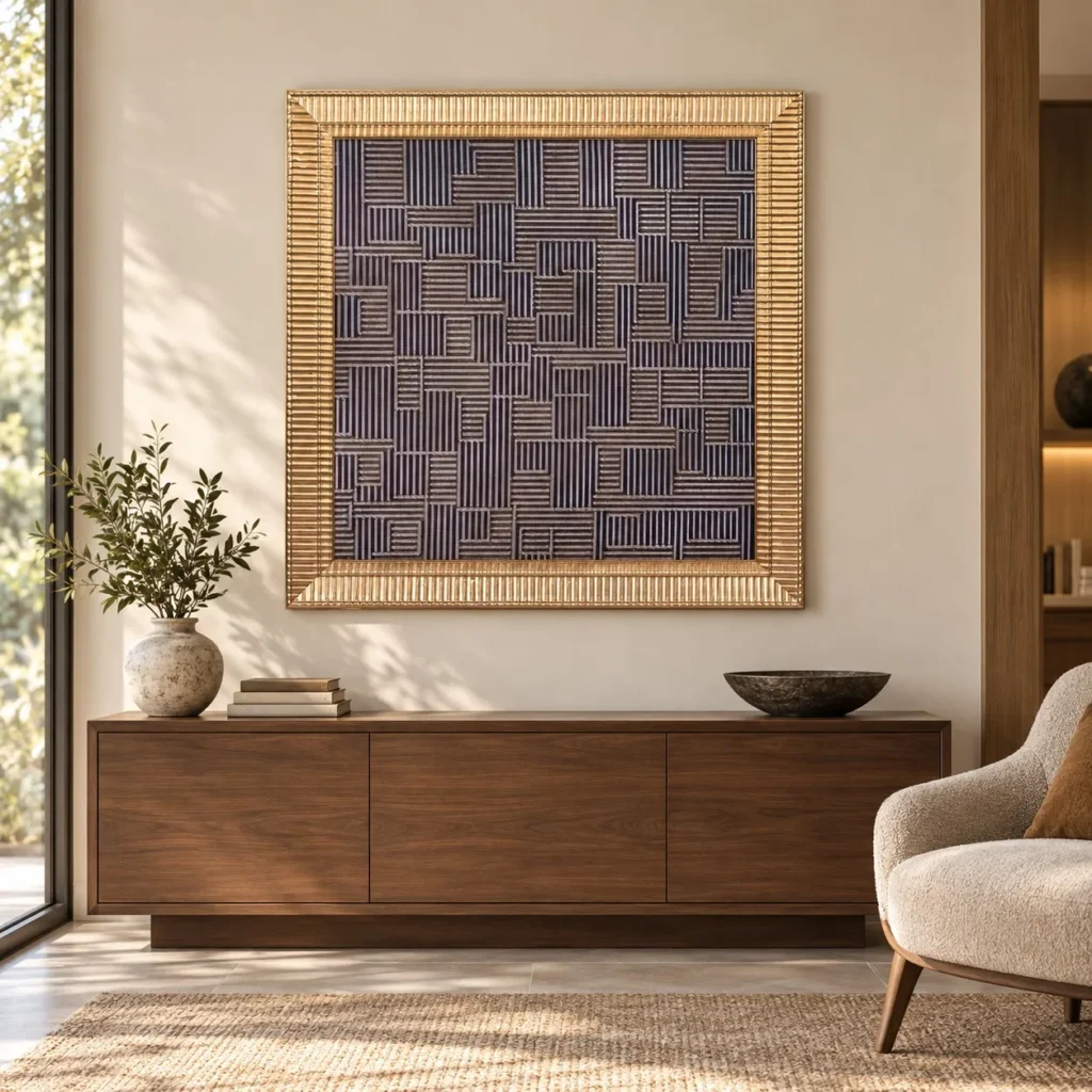 Navy Maze Line Relief in Gold Ribbed Frame, 100 x 100 cm — front view