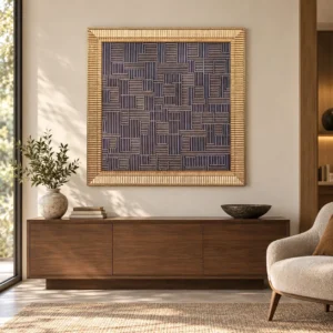 Navy Maze Line Relief in Gold Ribbed Frame, 100 x 100 cm — front view