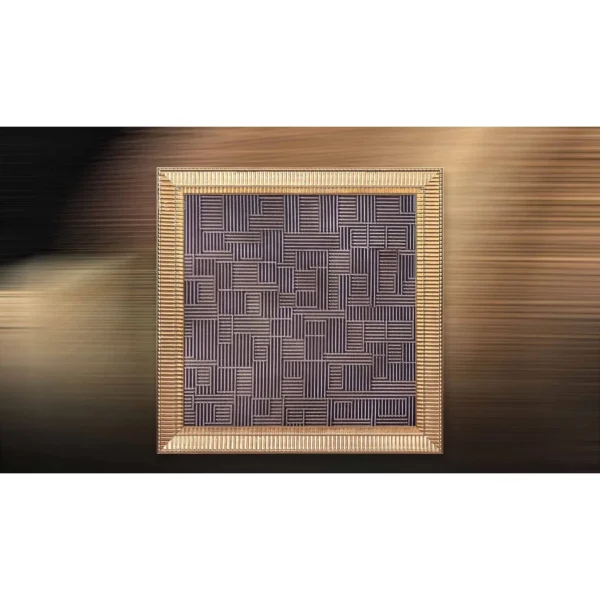 Navy Maze Line Relief in Gold Ribbed Frame, 100 x 100 cm — in a room setting