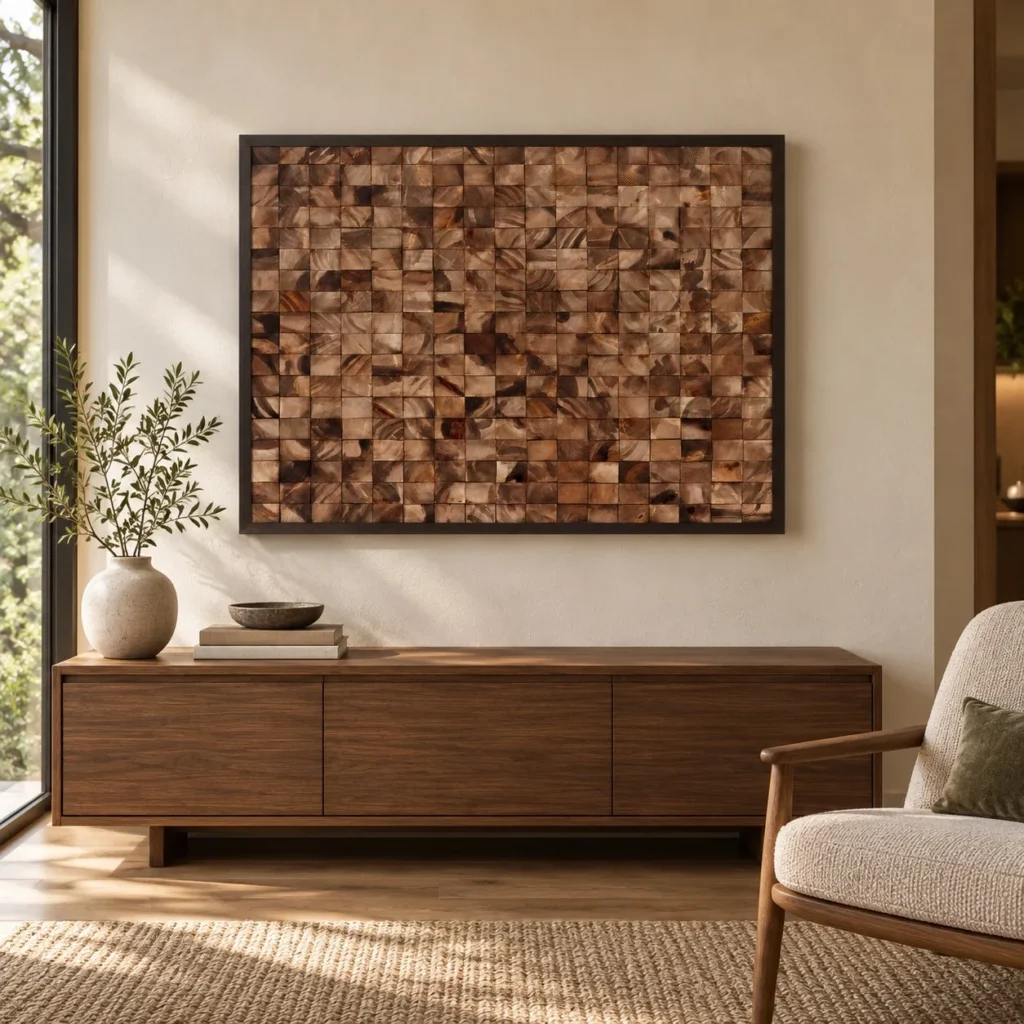 Wood Block Mosaic Relief in Black Frame, 100 x 75 cm — front view