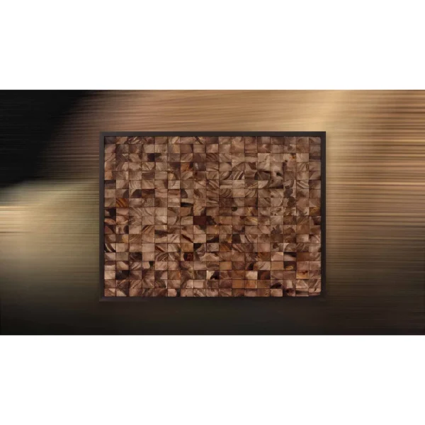 Wood Block Mosaic Relief in Black Frame, 100 x 75 cm — in a room setting