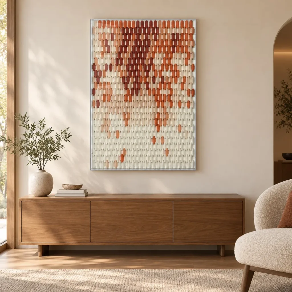 Coral and White Tile Gradient Relief, 70 x 100 cm in rust — front view