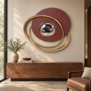 Burgundy Disc with Brass Rings and Convex Mirror, 97 x 88 cm in burgundy — front view