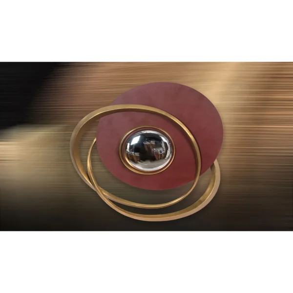 Burgundy Disc with Brass Rings and Convex Mirror, 97 x 88 cm in burgundy — in a room setting