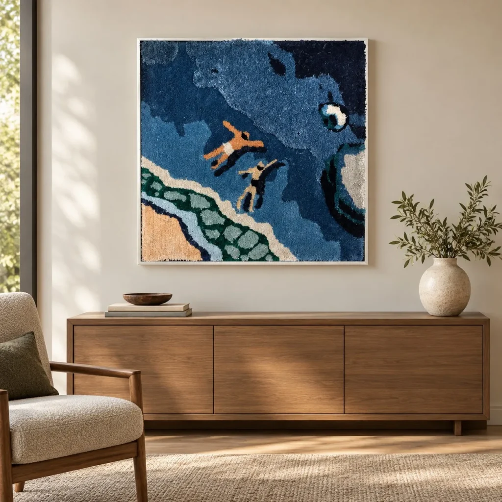 Tufted Ocean Swimmers Textile Art, 90 x 90 cm in blue — front view
