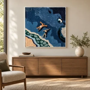 Tufted Ocean Swimmers Textile Art, 90 x 90 cm in blue — front view