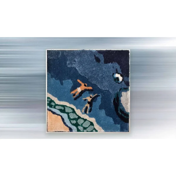 Tufted Ocean Swimmers Textile Art, 90 x 90 cm in blue — in a room setting