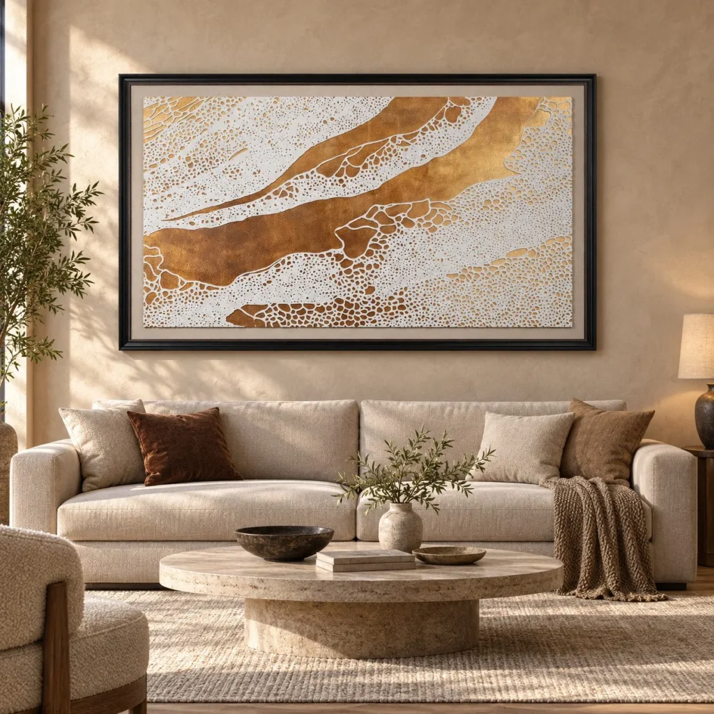Wide Gold and White Crackle Landscape in brushed brass — front view