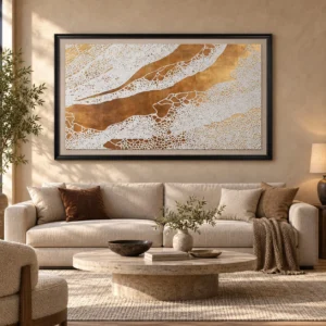Wide Gold and White Crackle Landscape in brushed brass — front view
