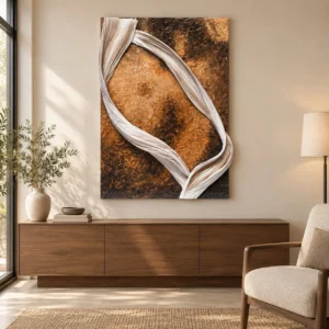 Rust Panel with Draped Cream Ribbon Relief, 119 x 160 cm in rust — front view