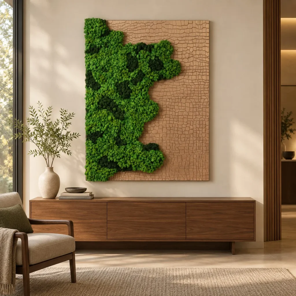 Preserved Moss on Crackle Tan Panel, 115 x 155 cm in olive — front view