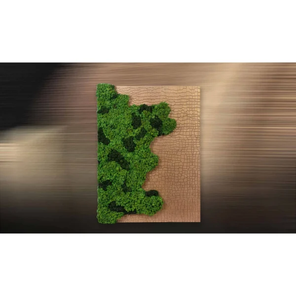 Preserved Moss on Crackle Tan Panel, 115 x 155 cm in olive — in a room setting
