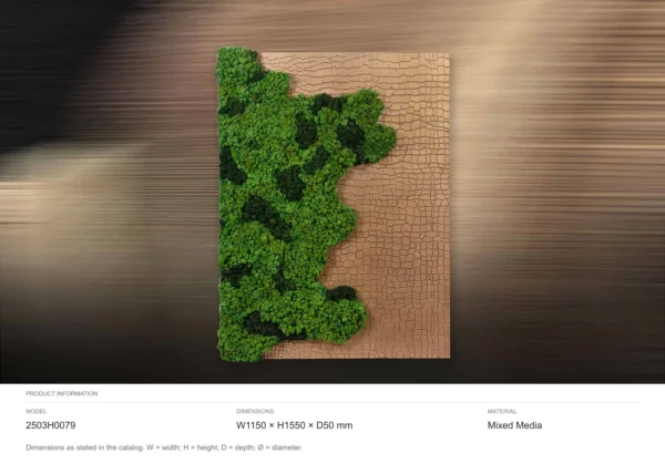 Preserved Moss on Crackle Tan Panel, 115 x 155 cm in olive — dimensions