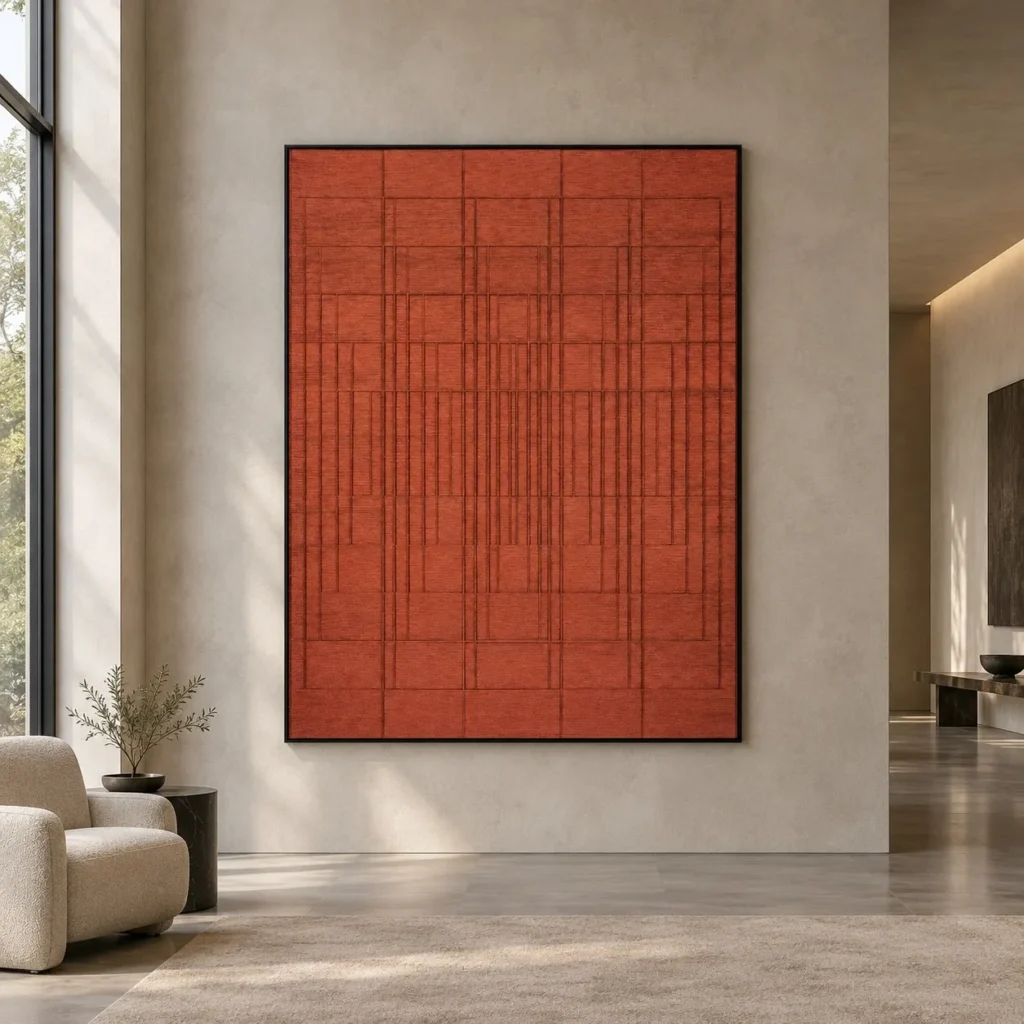 Tall Vermilion Grid Panel in Black Frame, 145 x 185 cm — front view