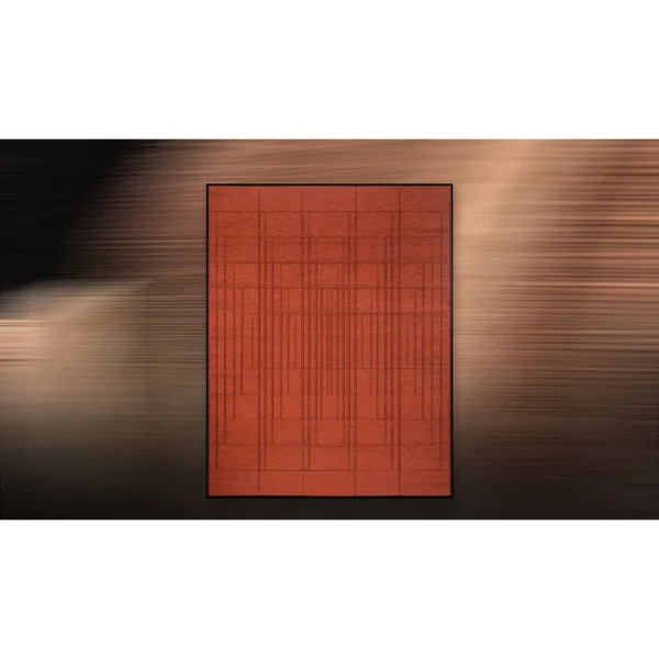 Tall Vermilion Grid Panel in Black Frame, 145 x 185 cm — in a room setting