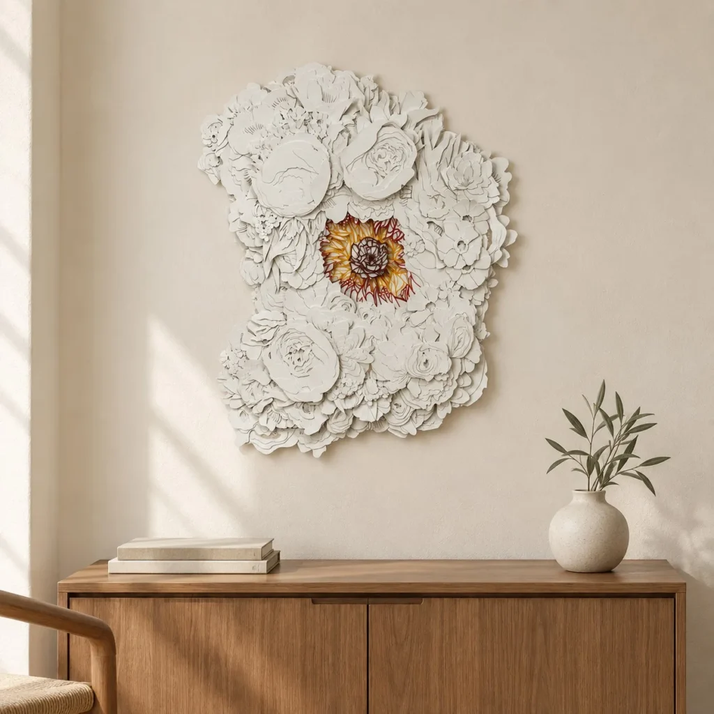 White Porcelain Flower Relief with Sunflower, 50 x 62 cm in ivory — front view