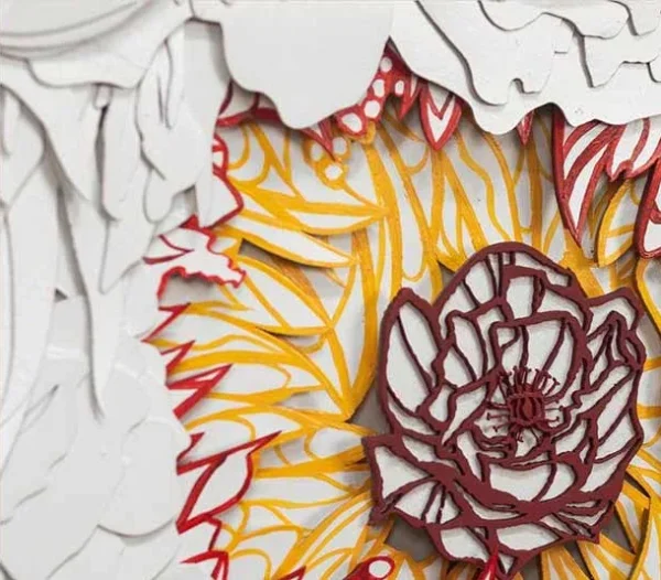 White Porcelain Flower Relief with Sunflower, 50 x 62 cm in ivory — detail
