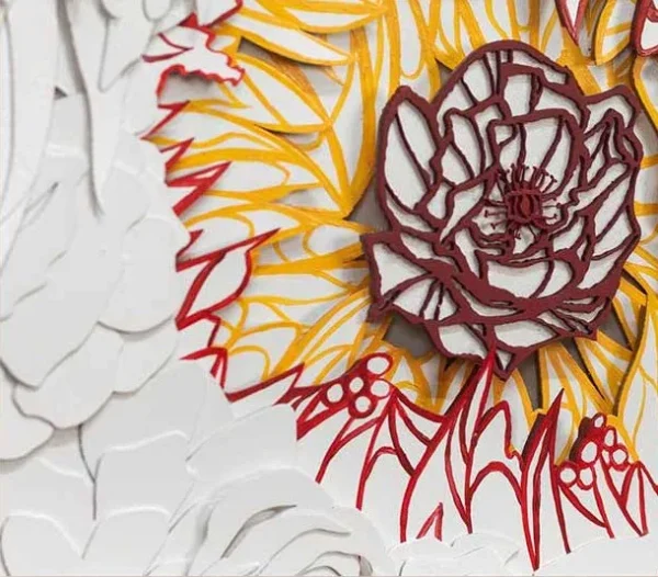 White Porcelain Flower Relief with Sunflower, 50 x 62 cm in ivory — detail