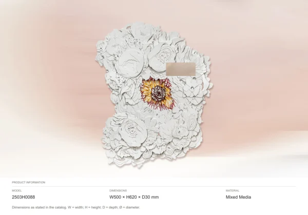 White Porcelain Flower Relief with Sunflower, 50 x 62 cm in ivory — dimensions