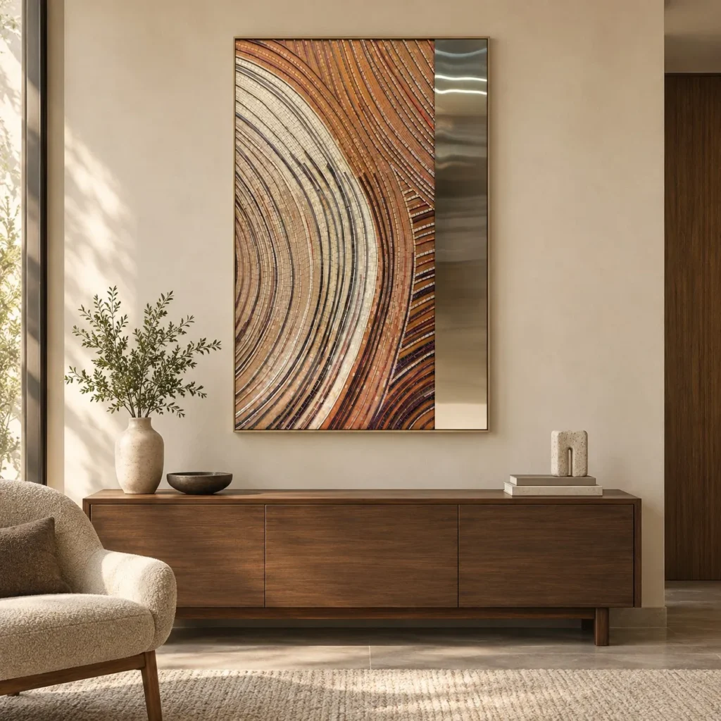 Tall Wood Grain and Silver Panel, 90 x 140 cm in clay — front view