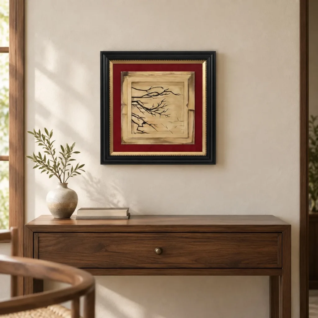 Small Branch Ink in Red Mount and Black Frame, 30 x 30 cm — front view