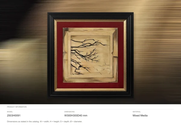 Small Branch Ink in Red Mount and Black Frame, 30 x 30 cm — dimensions