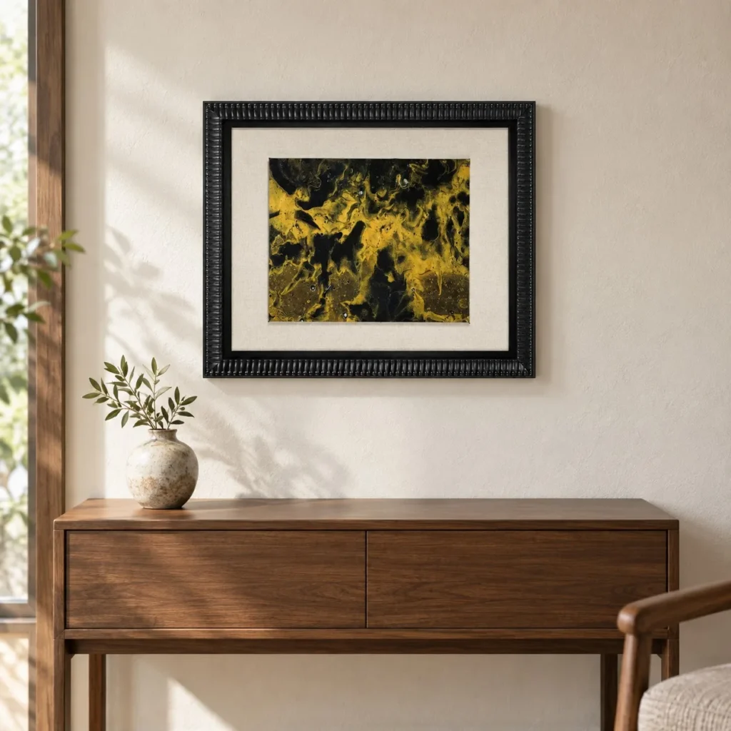 Gold and Black Marble Ink in Black Frame, 60 x 50 cm — front view