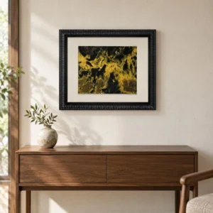 Gold and Black Marble Ink in Black Frame, 60 x 50 cm — front view