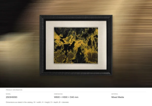 Gold and Black Marble Ink in Black Frame, 60 x 50 cm — dimensions