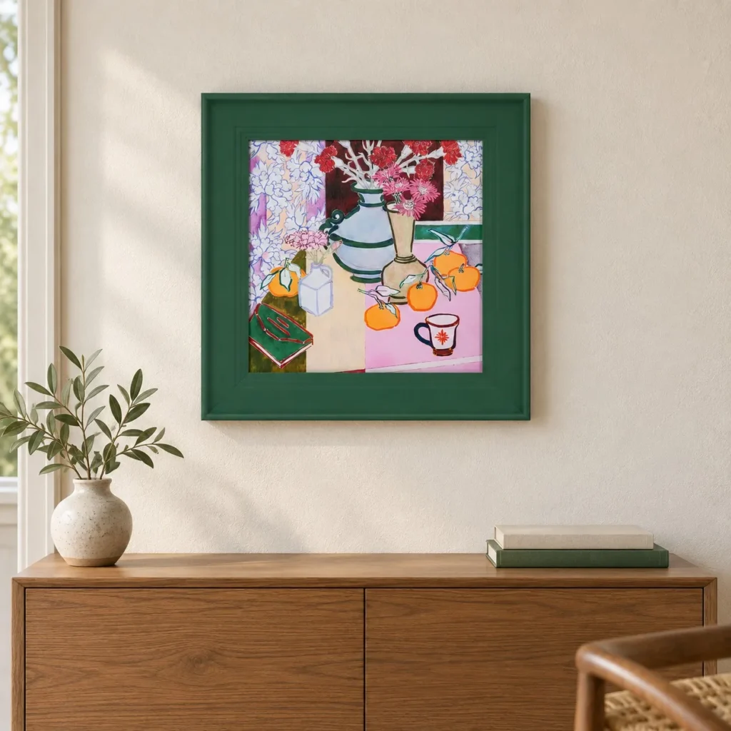 Floral Still Life Painting in Green Frame, 56 x 56 cm — front view