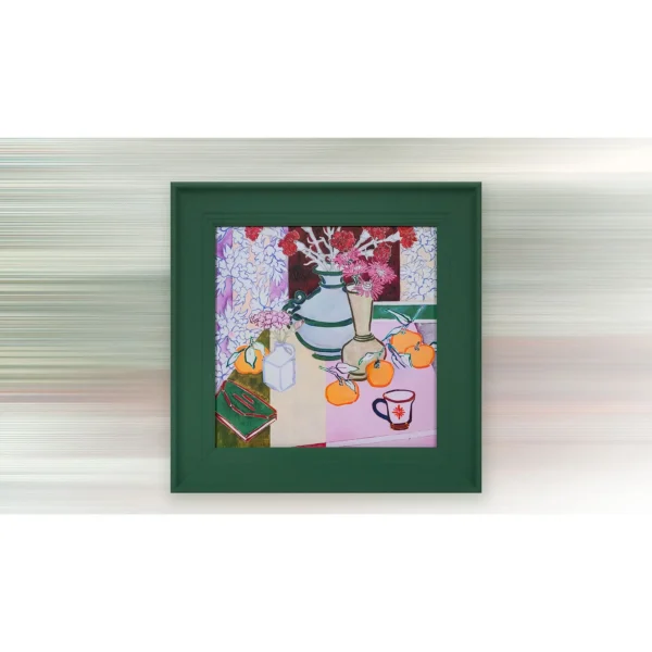 Floral Still Life Painting in Green Frame, 56 x 56 cm — in a room setting