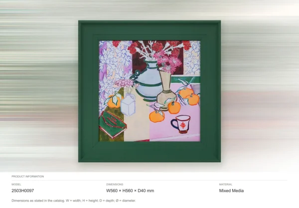Floral Still Life Painting in Green Frame, 56 x 56 cm — dimensions