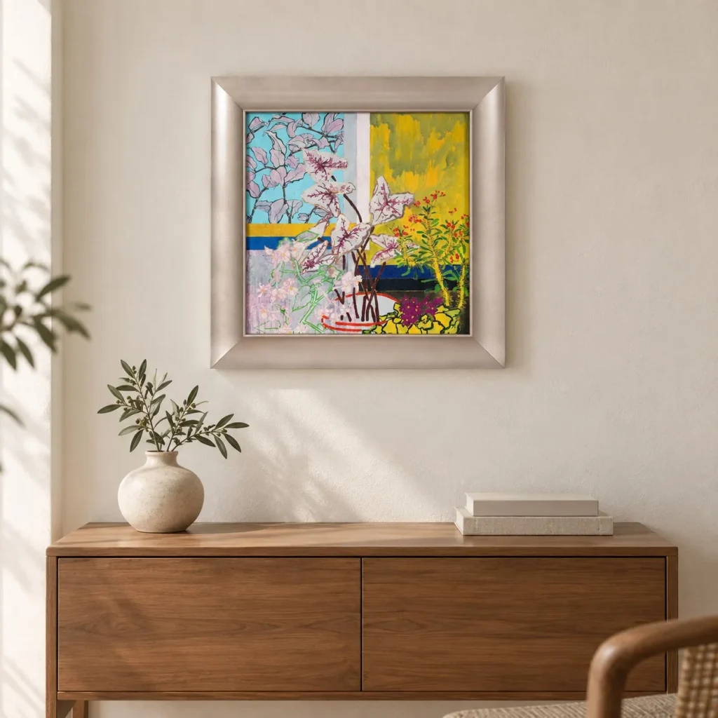 Blossom Window Painting in Silver Frame, 56 x 56 cm — front view