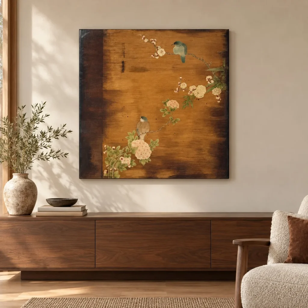 Bird and Blossom on Amber Lacquer Panel, 80 x 80 cm in brushed brass — front view