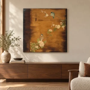 Bird and Blossom on Amber Lacquer Panel, 80 x 80 cm in brushed brass — front view