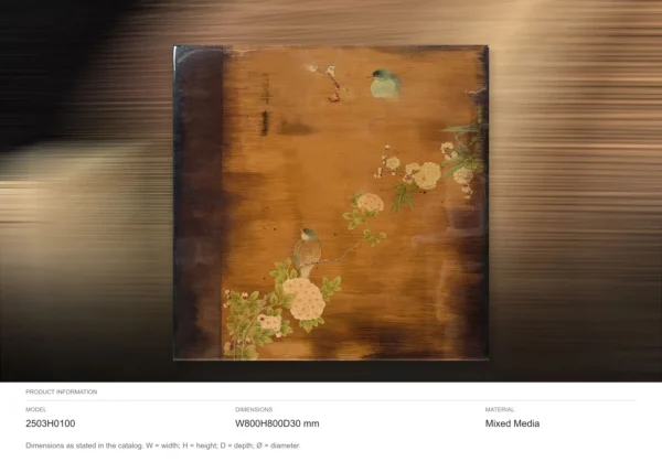 Bird and Blossom on Amber Lacquer Panel, 80 x 80 cm in brushed brass — dimensions