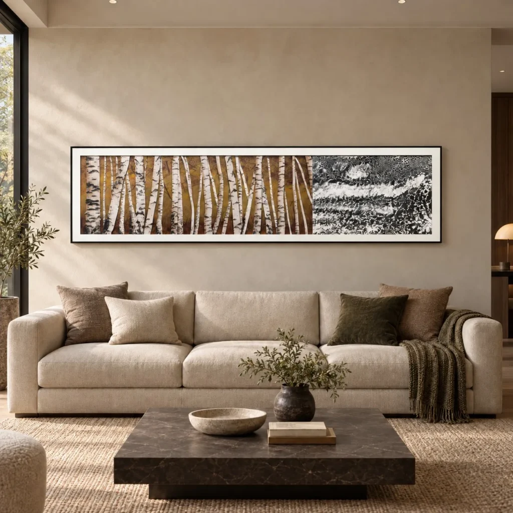Panoramic Birch Forest Relief in Black Frame, 185 x 50 cm — front view