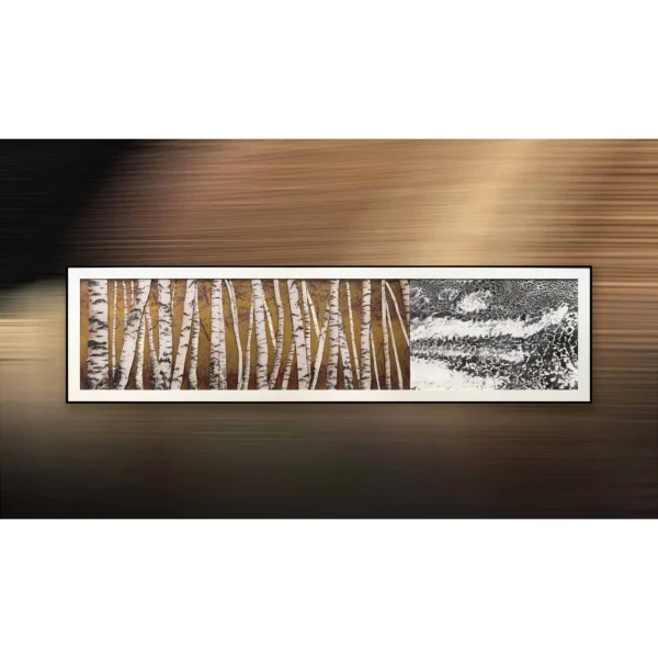 Panoramic Birch Forest Relief in Black Frame, 185 x 50 cm — in a room setting